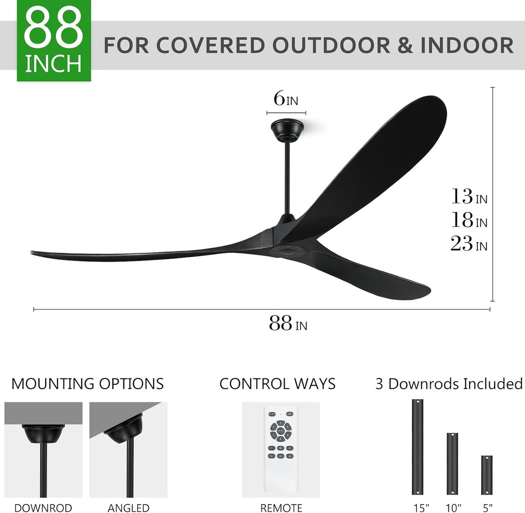 88" Wood Ceiling Fan without Lights, Indoor/Outdoor with Remote - 3 Solid Wood Blades, 6-Speed DC Motor
