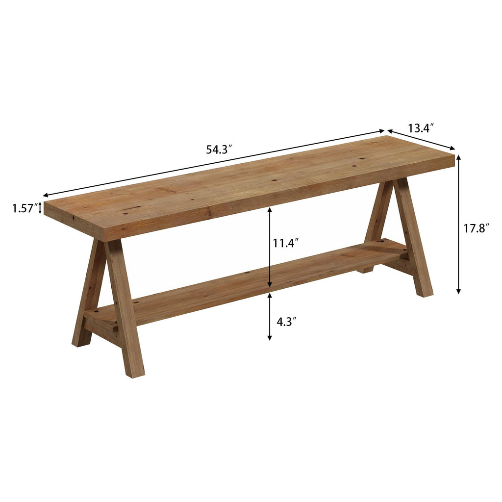 54" Solid Wood Bench, Long Entryway Bench with Shoe Storage