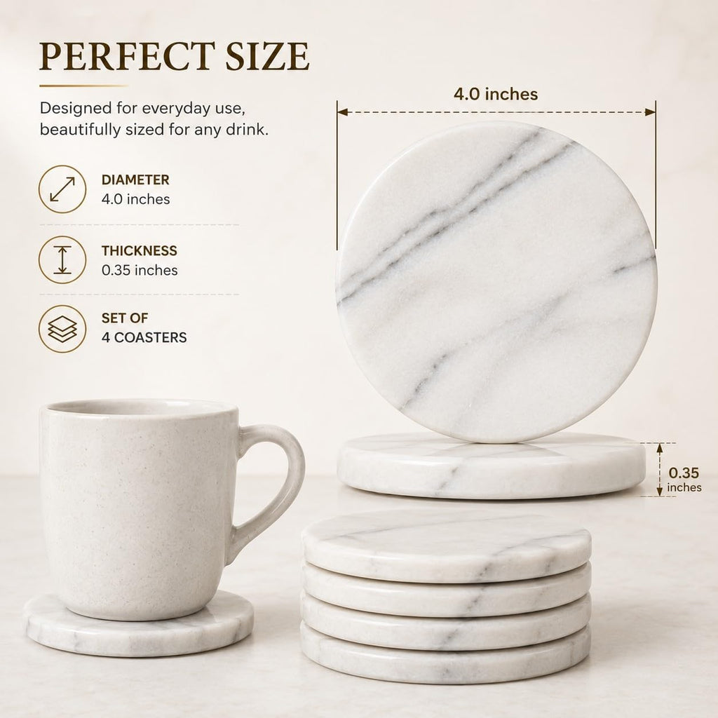 Genuine Marble Drink Coasters, 4-Inch Round Heat-Resistant Stone Coasters with Non-Slip EVA Backing - Set of 4