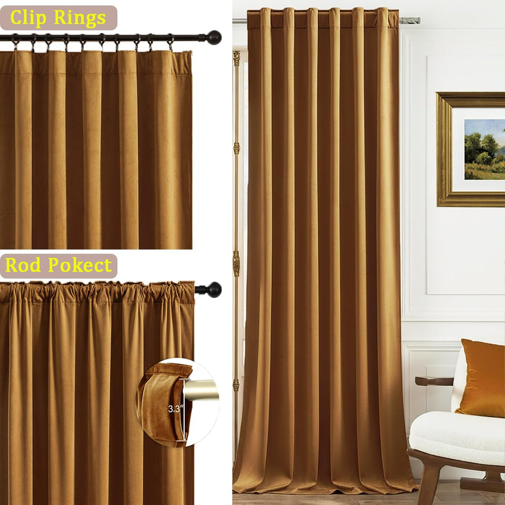 Gold Brown Velvet Blackout Curtains 52x84 inches, 2Pcs, Back Tab