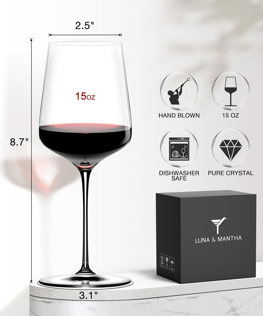 Wine Glasses Set of 4, 15 oz Hand Blown Crystal Red White Wine Glasses with Stem, Ideal Gift for Set, Toasting at