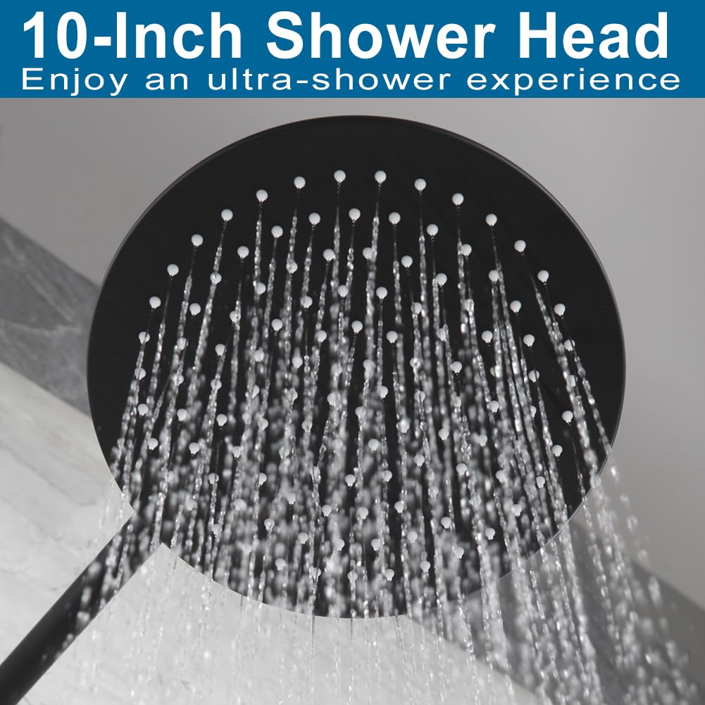 Matte Black Shower Faucet Set 10 Inch Round Rain Shower Head and Handle Set Bathroom Rainfall Shower System Wall