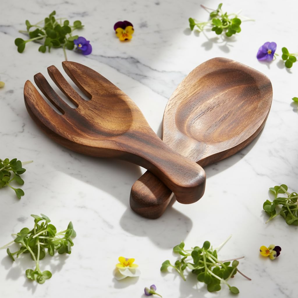 & Charles Acacia Wood Salad Hands Servers, 7 3/8" x 3 1/8"