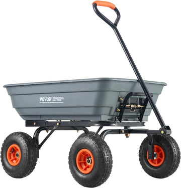 Poly Garden Dump Cart 4 Cu.Ft. 600 lbs 4 Wheel Wheelbarrow Dump Wagon | For Orchard Farm, Adjustable Handle, Heavy