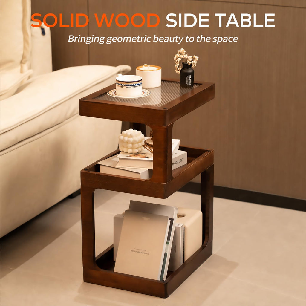 Solid Wood Side Table, 3 Tier Small End Table, Brown Accent Table