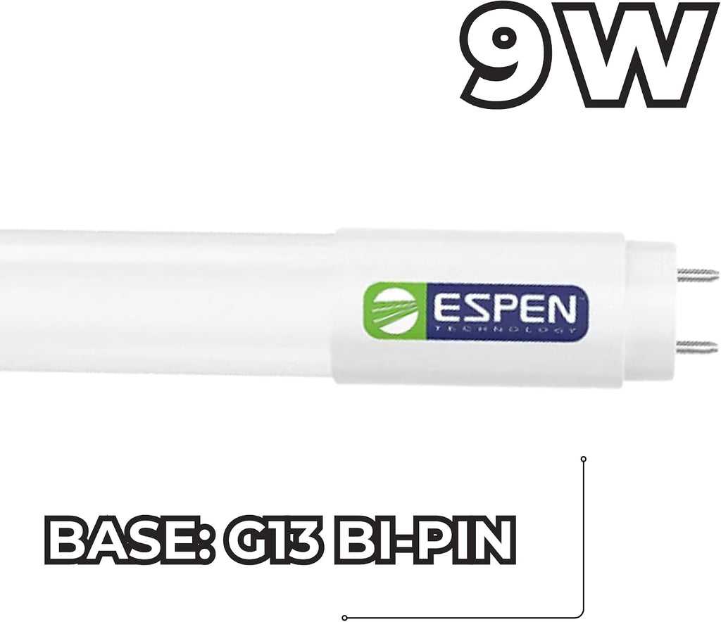 2FT LED T8 Type A+B Light Tube, Plug & Play or Ballast Bypass, 3500K Neutral White, 9W, 1350 Lumens, Glass