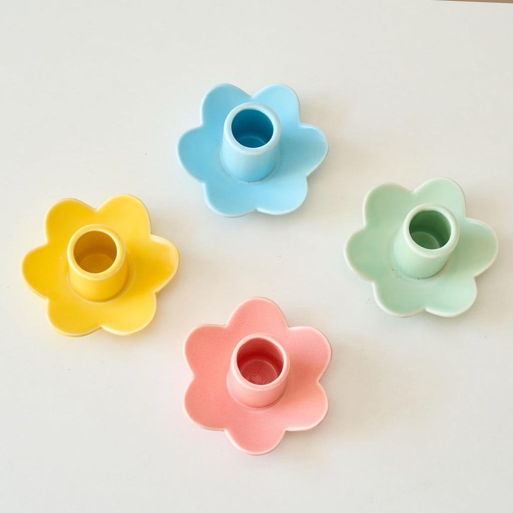 Colorful Ceramic Candlestick Holders Set of 4, Cute Easter Taper Candle Holders Chic Flower Shaped Table Centerpiece