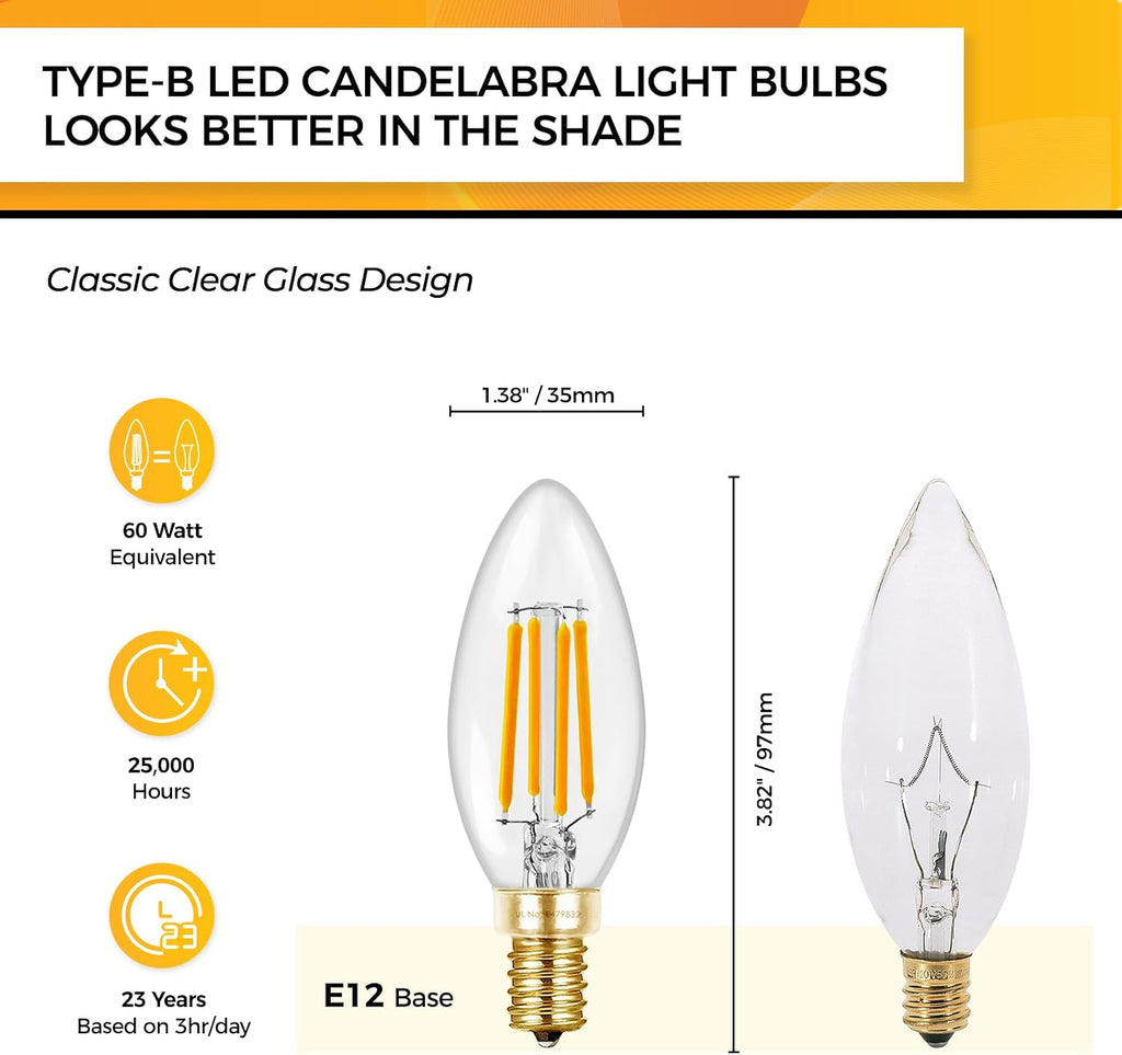 Candelabra Light Bulbs 60W Eq, 2700K Dimmable, E12 LED Bulb 12 PCS