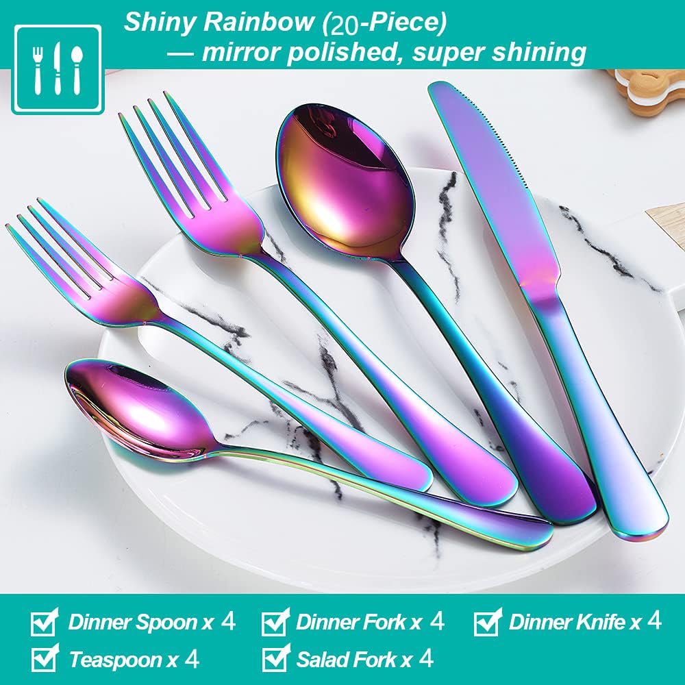 Rainbow Silverware Set,20-Piece Stainless Steel Flatware Set for 4