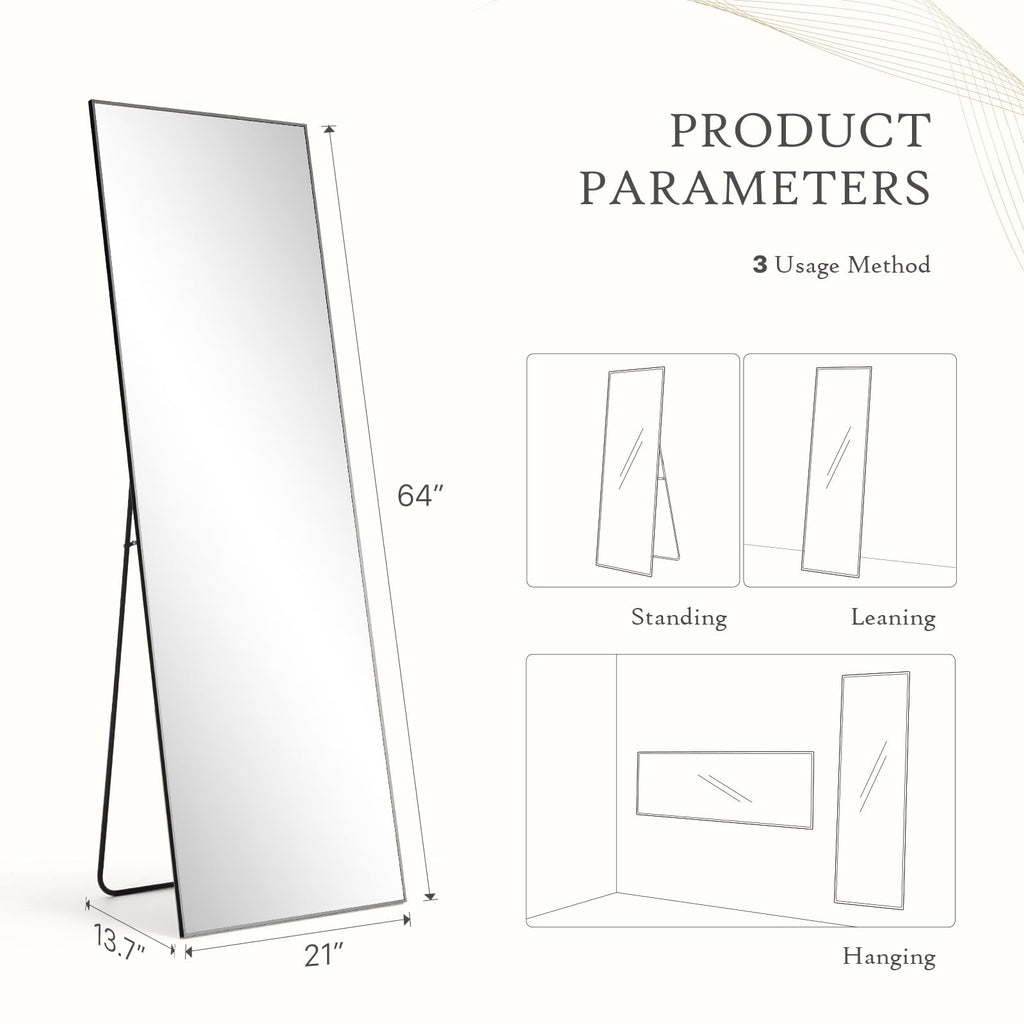 64"x21" Full Length Mirror, Full Body Standing Mirror, Black