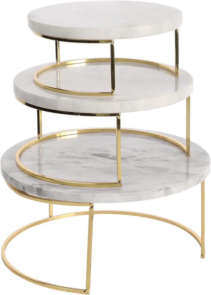 Modern White Marble Cake Stands, Brass Metal Cupcake Stand Dessert Pedestal Risers - Set of 3