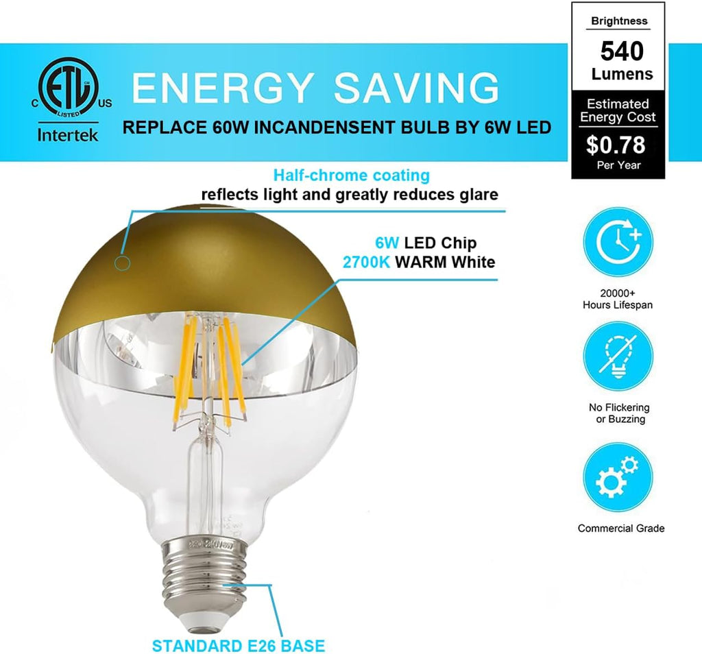 G30 Large Half Chrome Light Bulb,Dimmable 8W LED Bulbs Warm E26