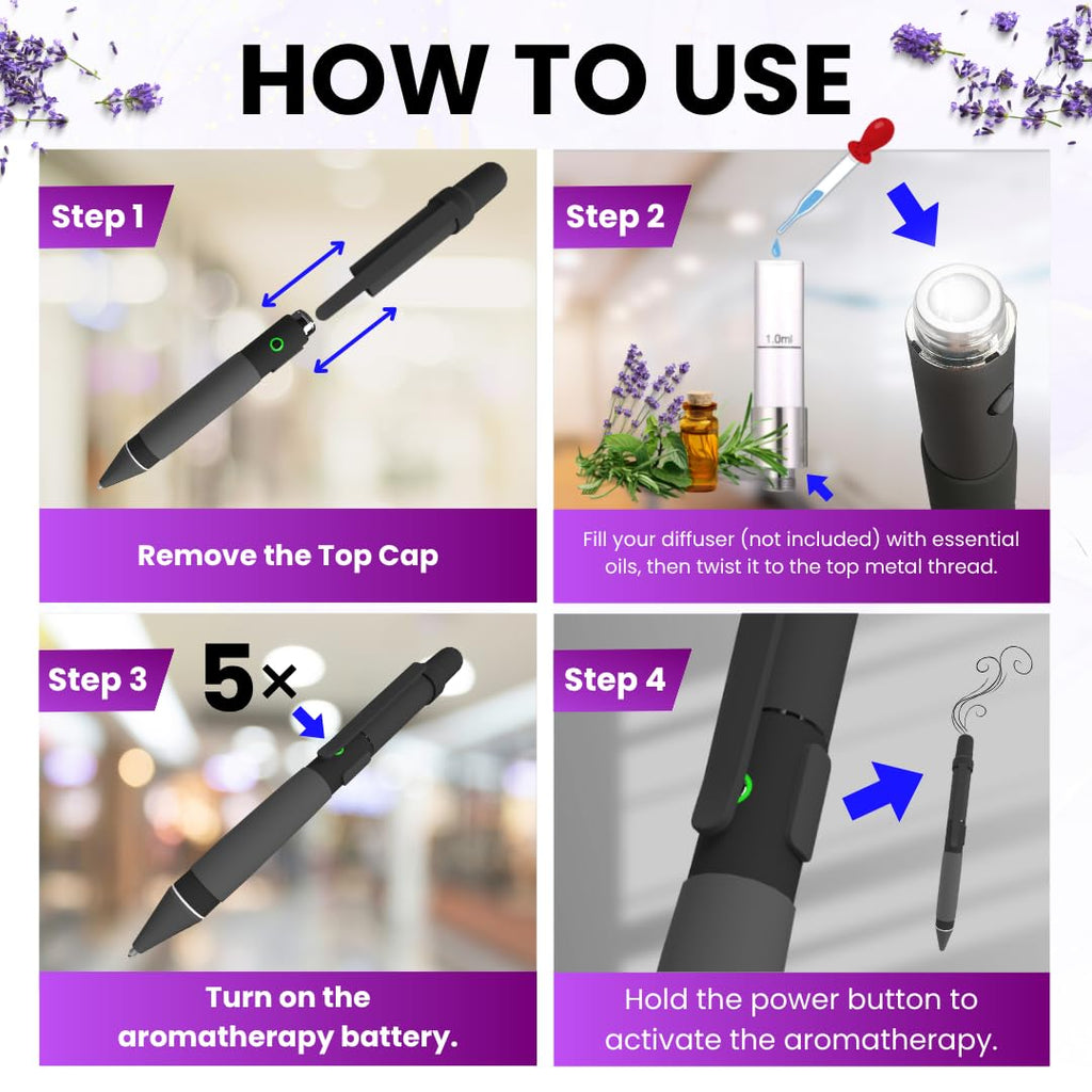 Aromatherapy Writing Pen Battery with Real Ink Tip and Hidden Diffuser Port, Soft Touch Ballpoint for Note Taking