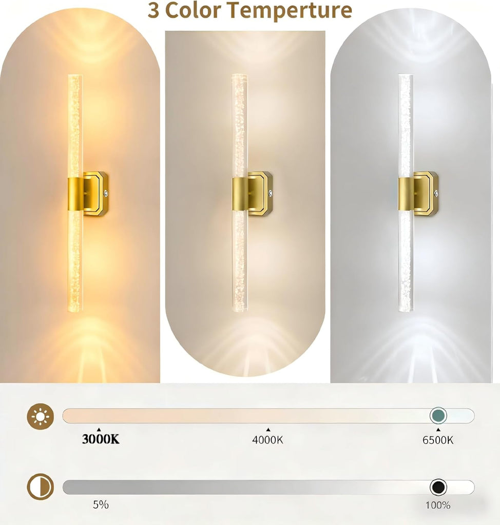 Battery Operated Wall Sconce Set of 2, 10000mah Rechargeable Gold Crystal Wall Sconce, 3 Colors 360° Rotate Wireless