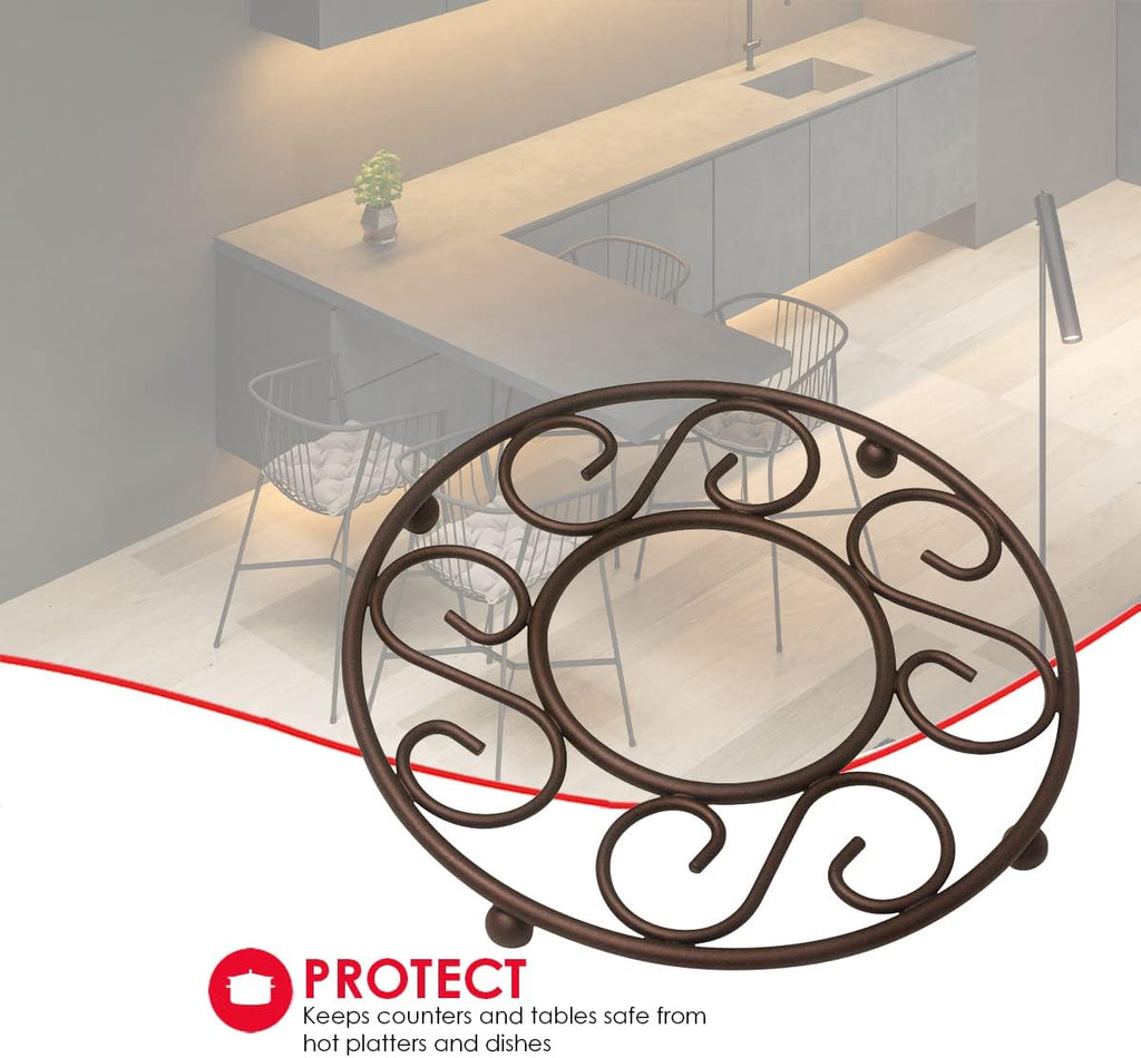 Scroll Collection Steel Trivet for Hot Dishes, Pots And Pans, Round Design & Dinning Table, Bronze