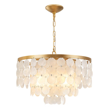 White and Gold Coastal Capiz Shell Chandelier, Boho Light Fixture
