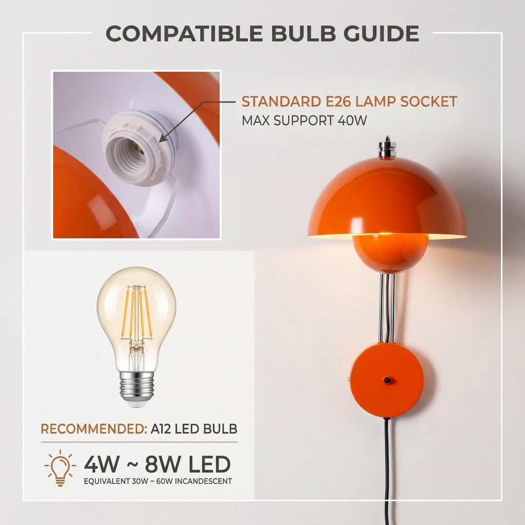 Mid-Century Modern Bud Plug in Wall Sconces, Pastel Orange