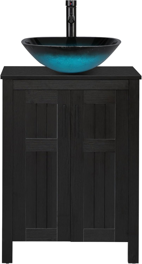 24" Black Modern Bathroom Vanity with Vessel Sink - Grooved Vanity Cabinet Combo