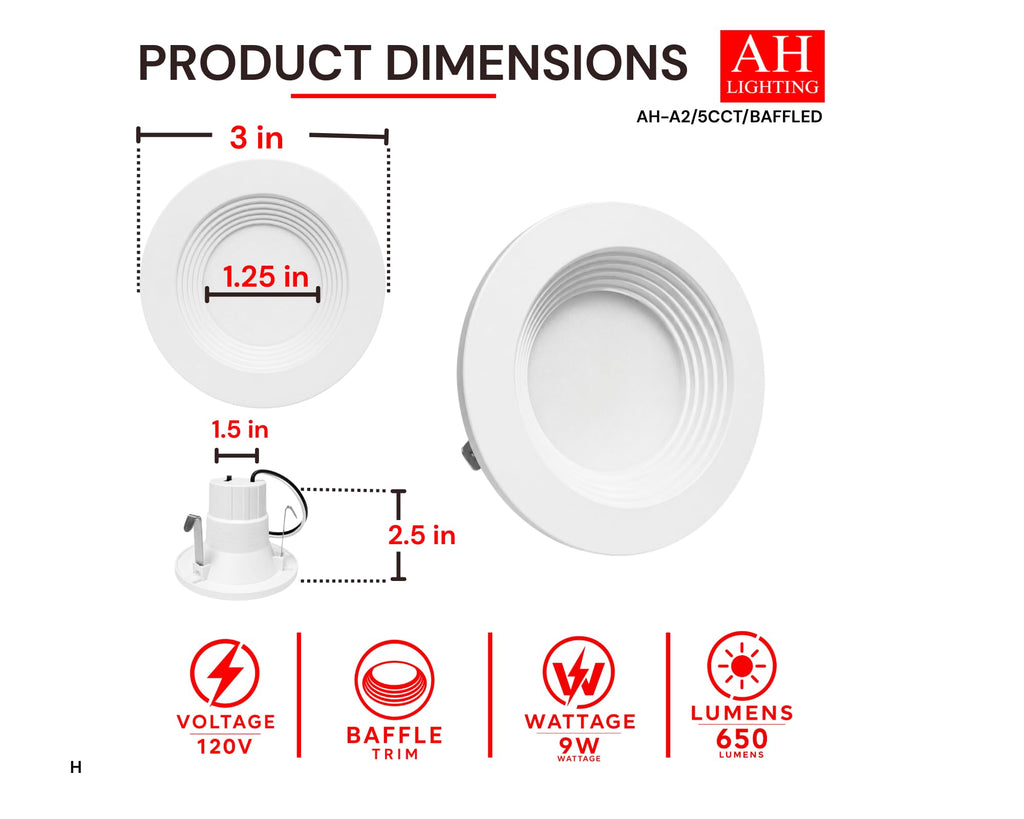 2 Inch 5CCT Recessed Retrofit Downlight Dimmable with Baffle Trim - UL Ceritfied - 24 Pack