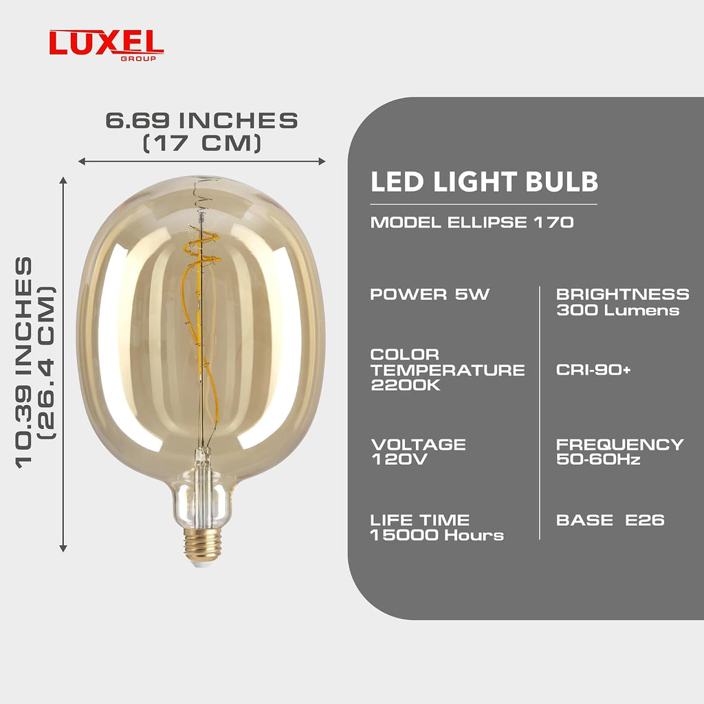 Oversized Edison LED Light Huge Bulb Vintage Ellipse 170 5W Equivalent 40W - Dimmable 2200K Warm Glow 300 Lumens