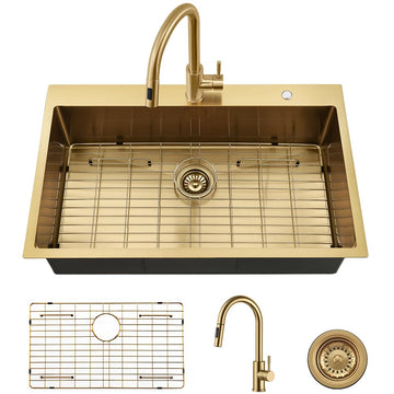 33 Gold Kitchen Sink with Faucet Combo Set Drop In Top Mount Sink