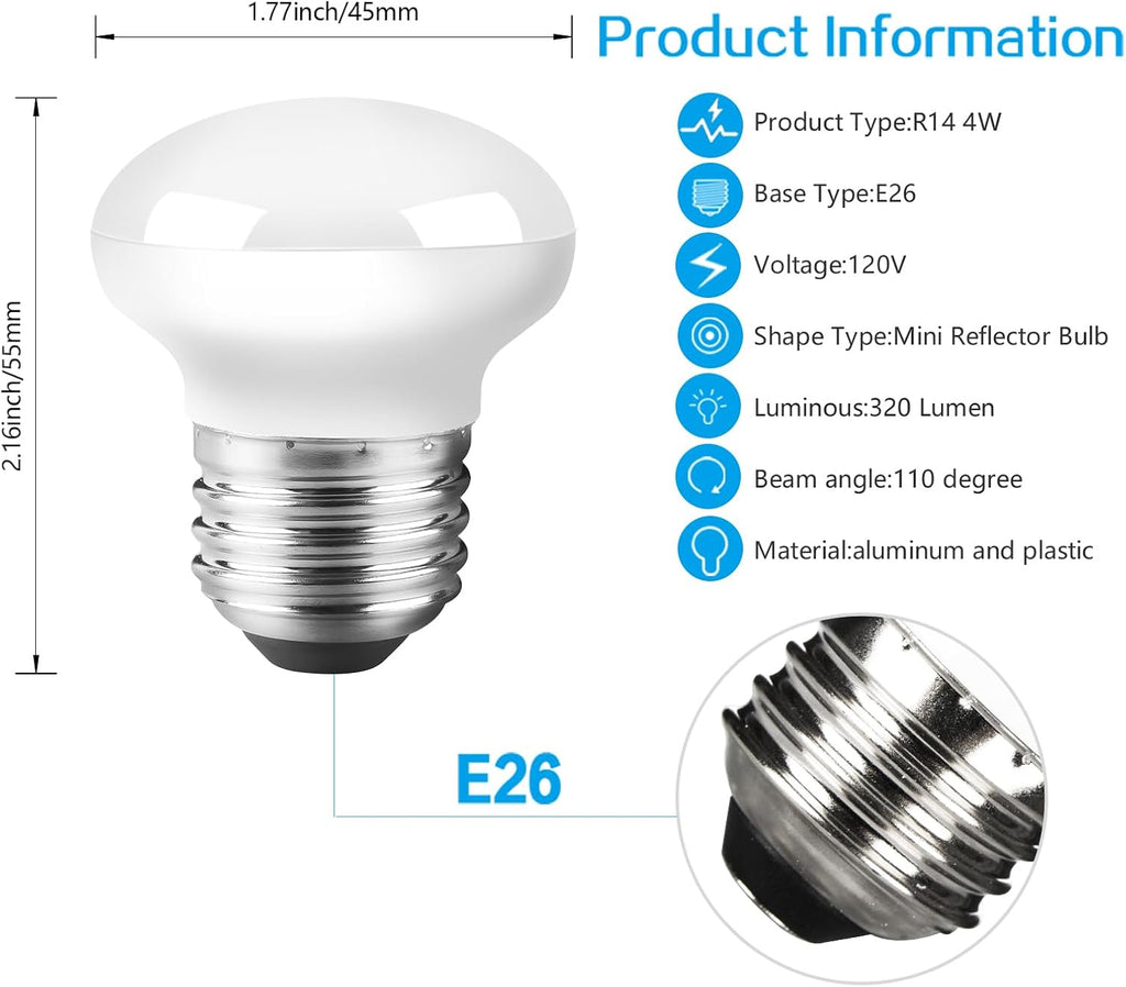 R14 LED Light Bulbs, 4W 25W Equivalent, E26 Base, Warm White