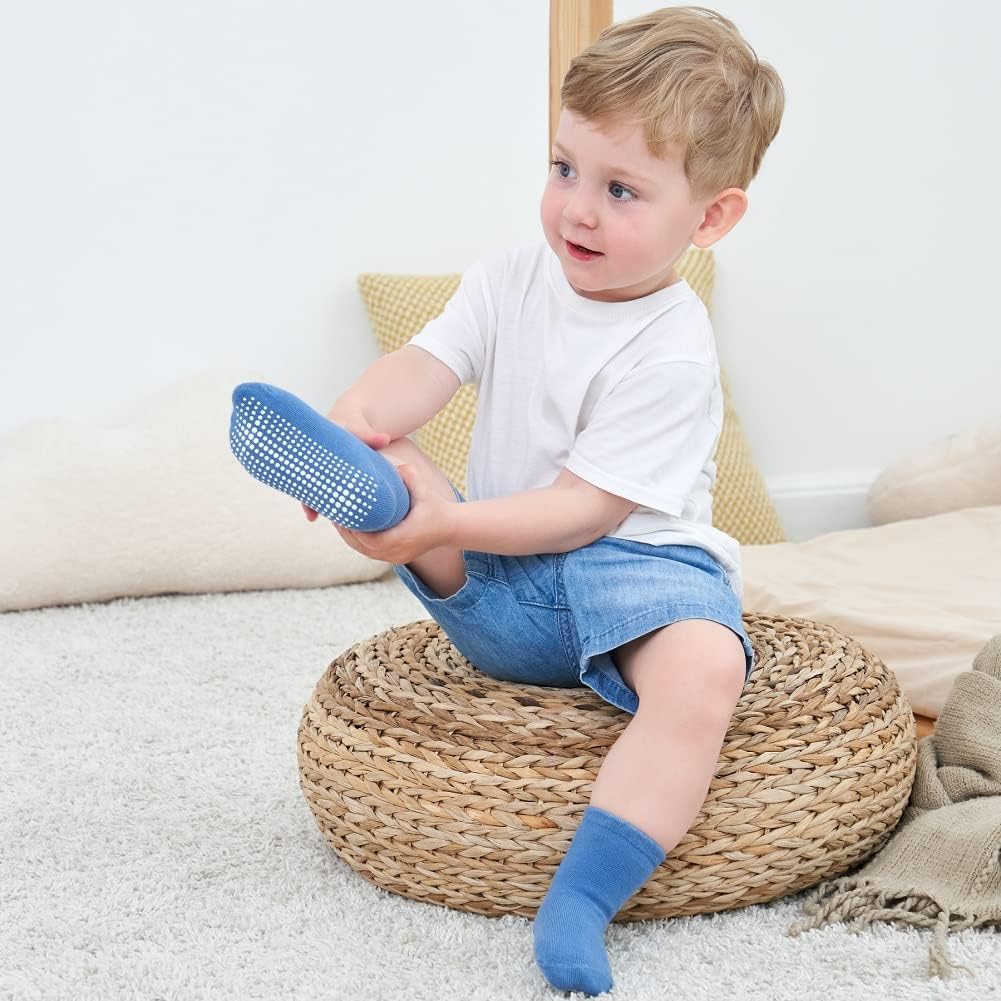 Baby Non Slip Grip Crew Socks with Anti Skid Soles for Infants Toddlers Kids Boys Girls