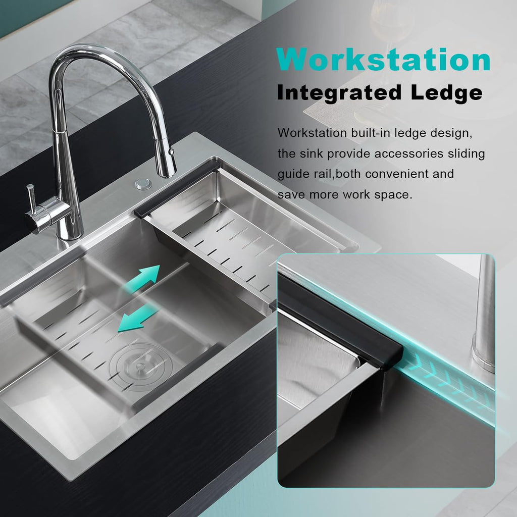 30"x18" Drop in Workstation Kitchen Sink with 2 Holes