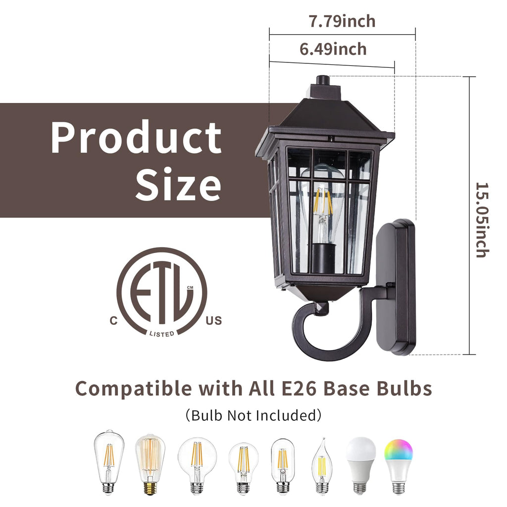 15" Brown Outdoor Wall Light, Rust-Proof Aluminum Waterproof Wall Lantern with Seeded Glass Shade, E26 Hardwired