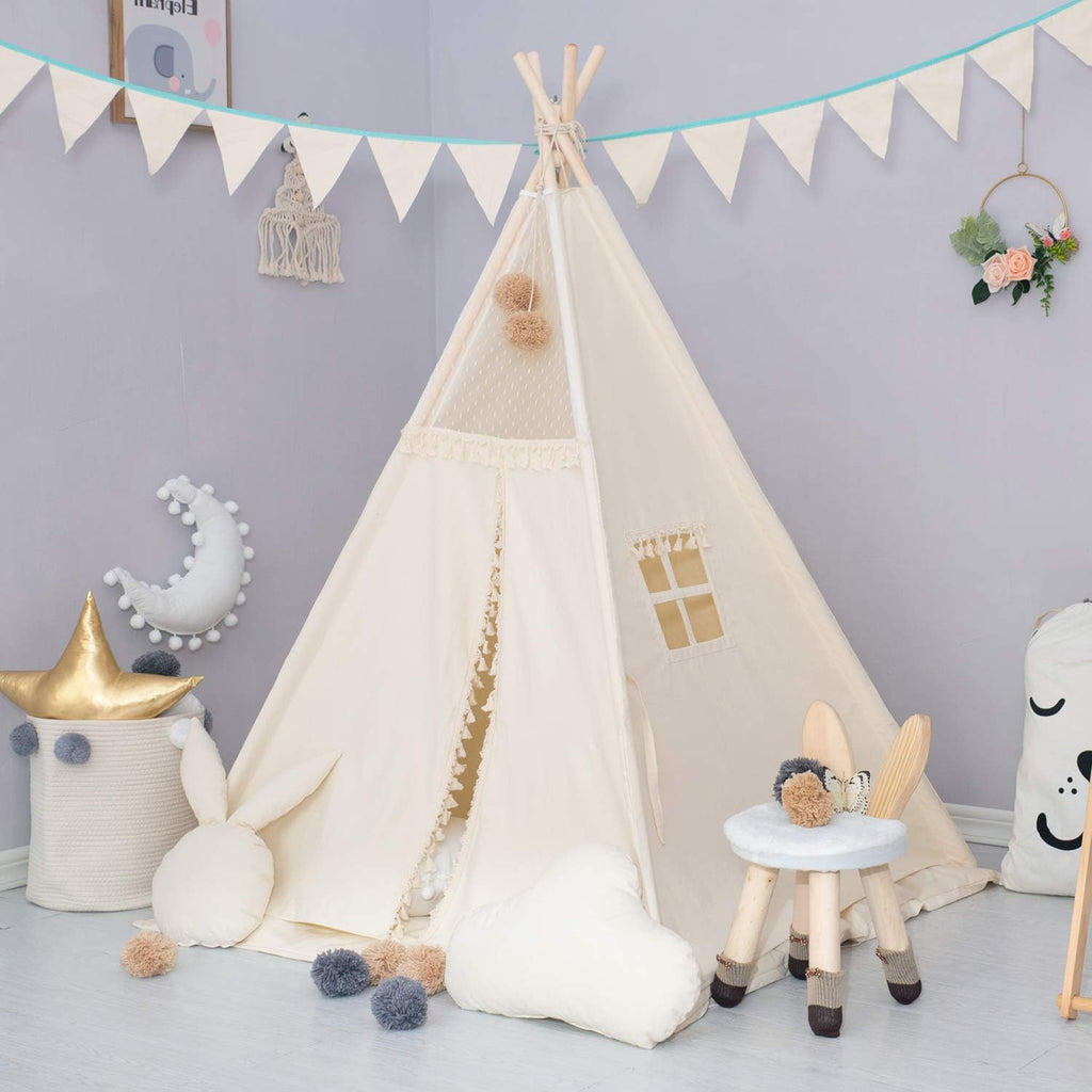 Kids Teepee Tent with Padded Mat, Banner, Fairy Lights, Yarn Ball, Carry Bag, Beige Cotton Canvas Play Tent for Child