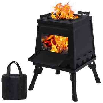 Wood Burning Camp Stove, Portable Cast Iron Camping Wood Stove, Black Woodstove with Carrying Case for Backpacking