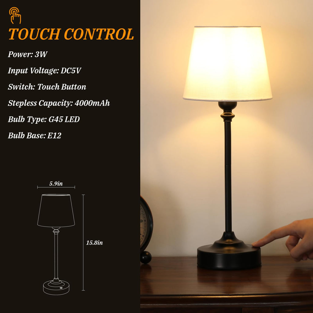 Cordless Table Lamps Rechargeable Set - 2 Pack Black 4000mAH Battery Operated Lamps for Decor, 3000K Stepless Dimming