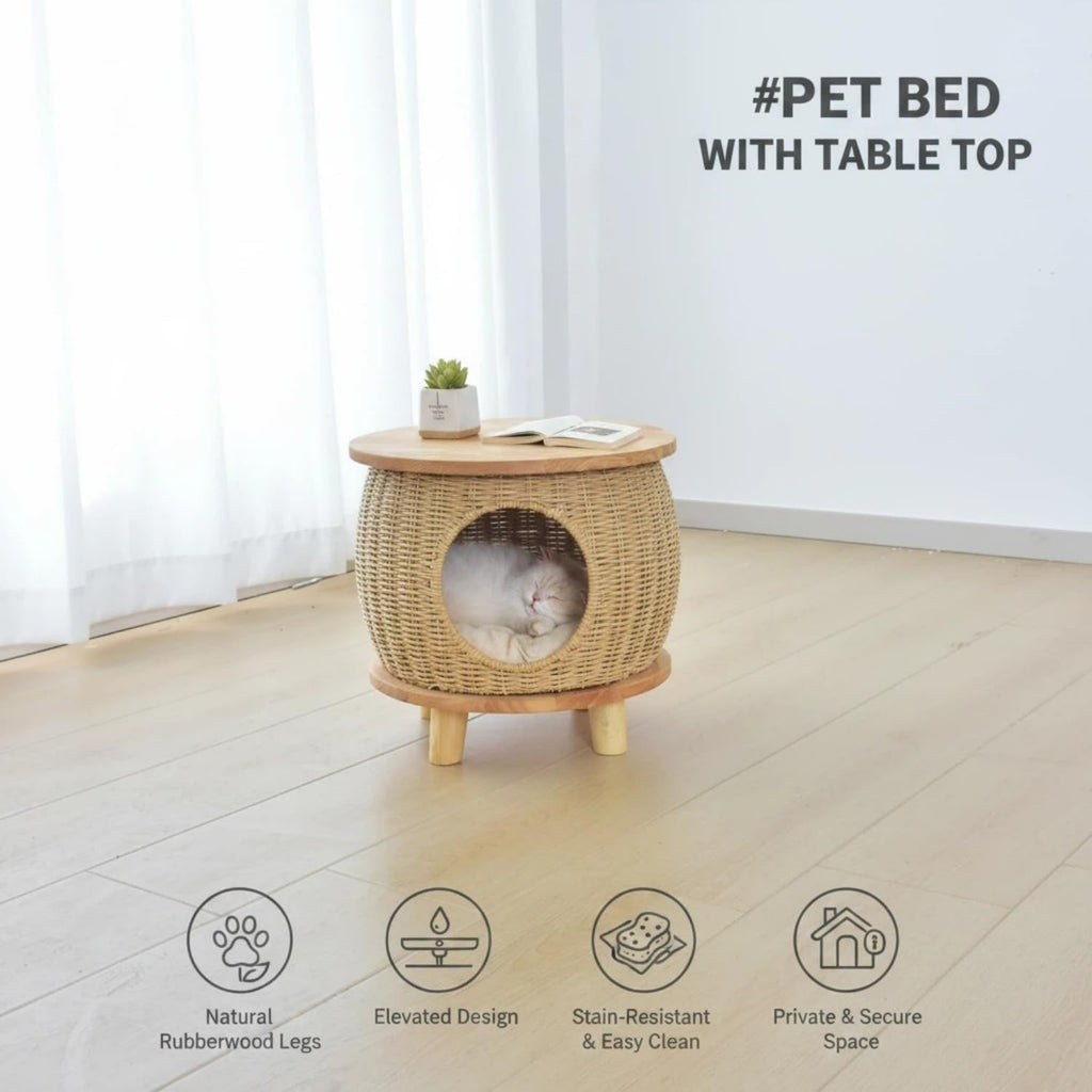 16" Wide Elevated Enclosed Handwoven Basket Cat Bed with Natural Solid Wood Base, Rattan Wicker Cat Cave Hideaway