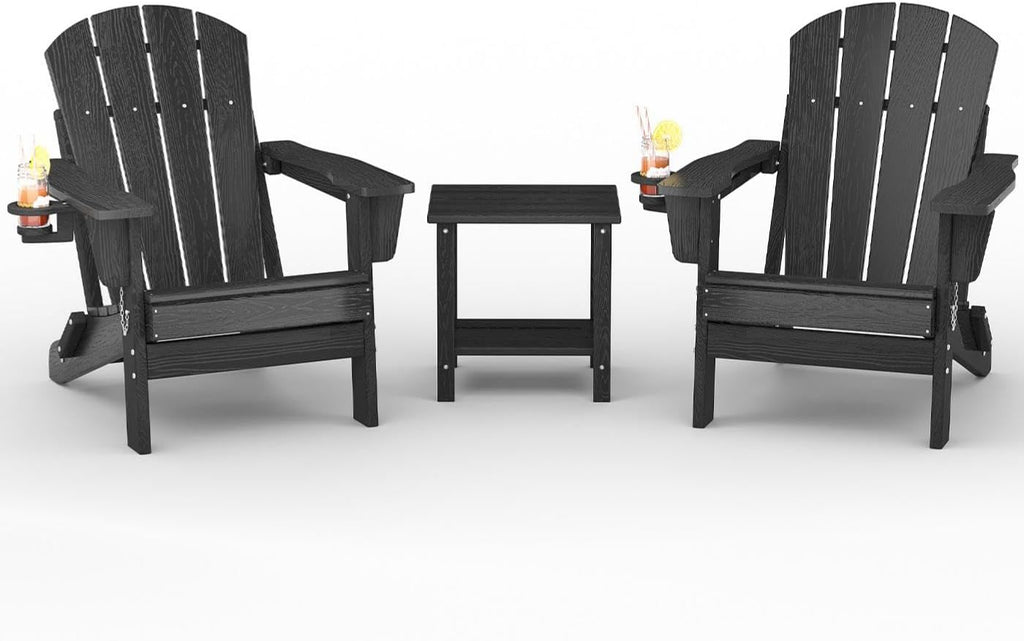 HDPE Folding Adirondack Chair Set of 2 with Side Table, Black | All-Weather Resistant & Wood Textured & Cup Holder