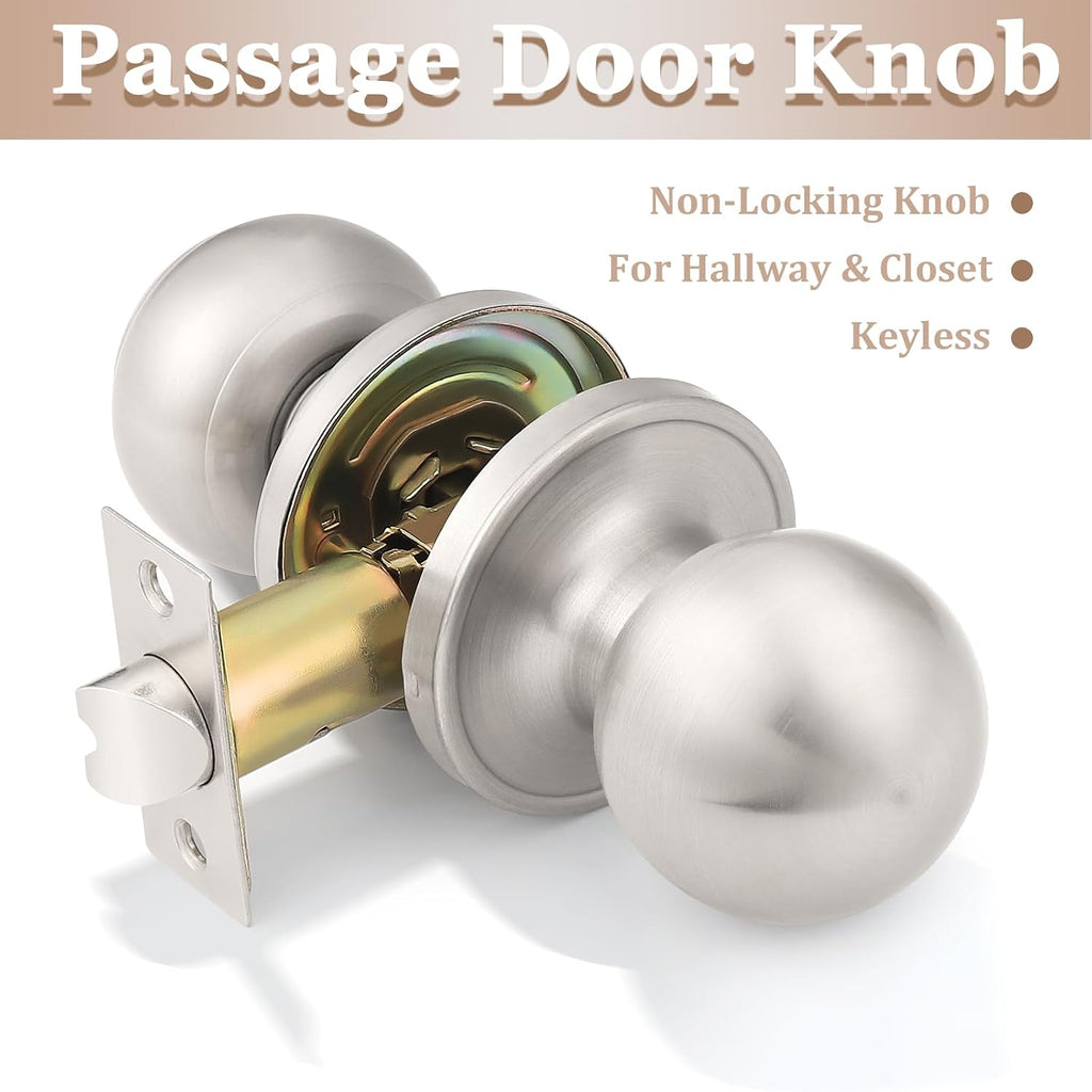 8 Pack Interior Round Passage Keyless Door Knobs Door Lock Lockset Without Key Doorknobs Satin Nickel for