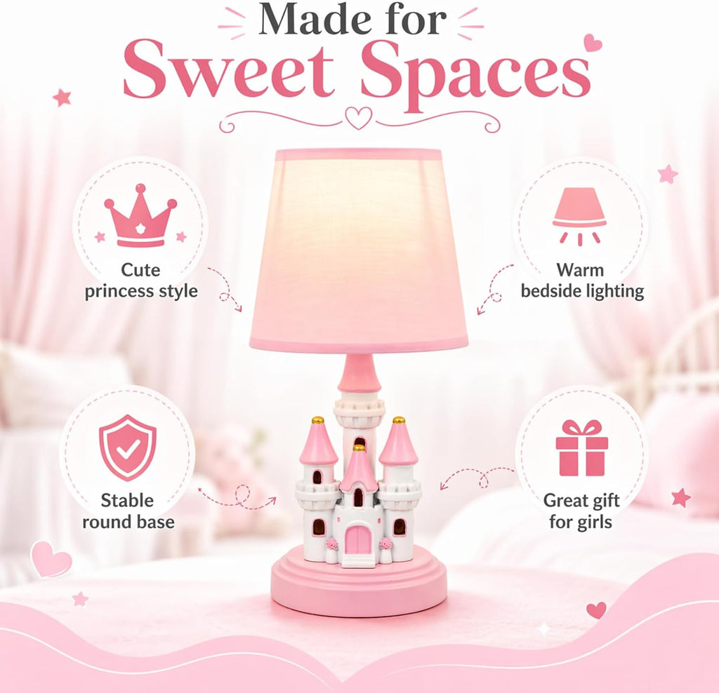 Kids Table Lamp, Adorable 14 Inch Castle Style Kids Desk Lamp, Pink Bedside Lamp Ideal for Girls Bedroom Decor