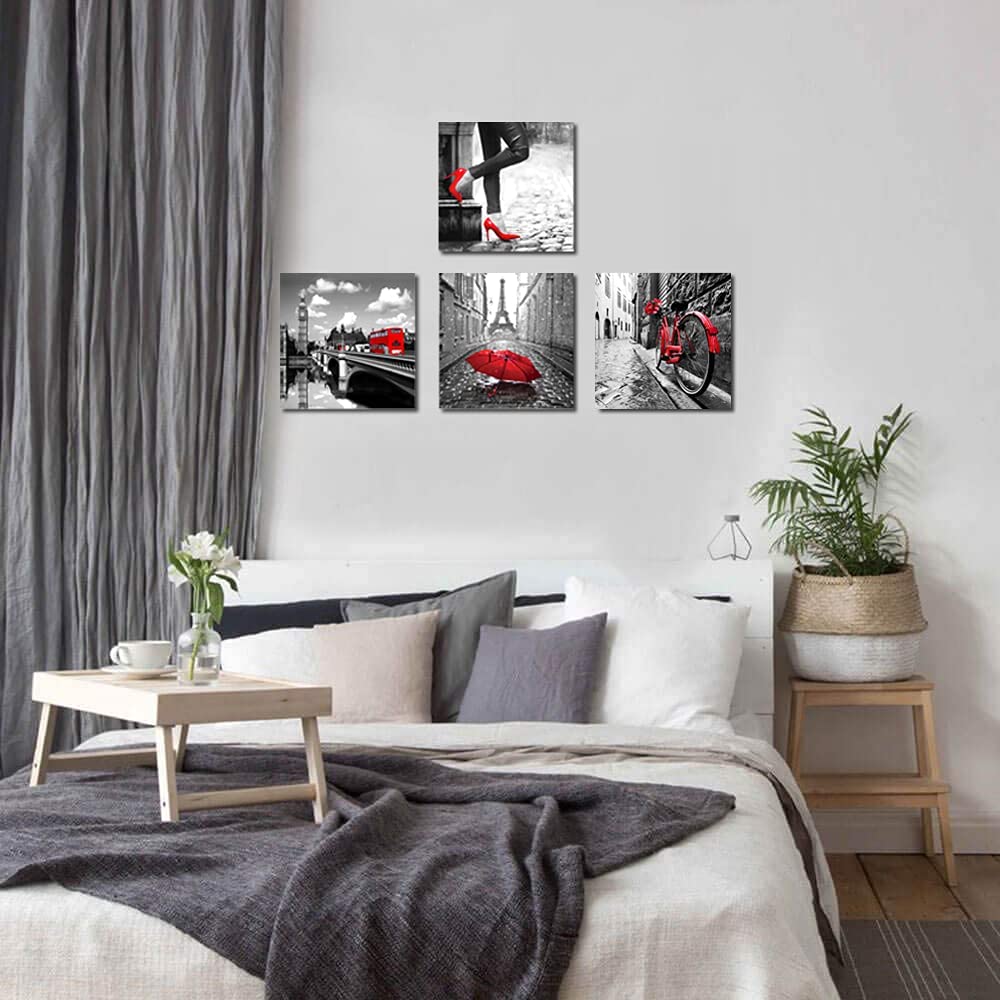 Black and White Wall Canvas Print Paris Eiffel Tower 4 Panels Red Pictures Decor Living Room Bedroom Bathroom