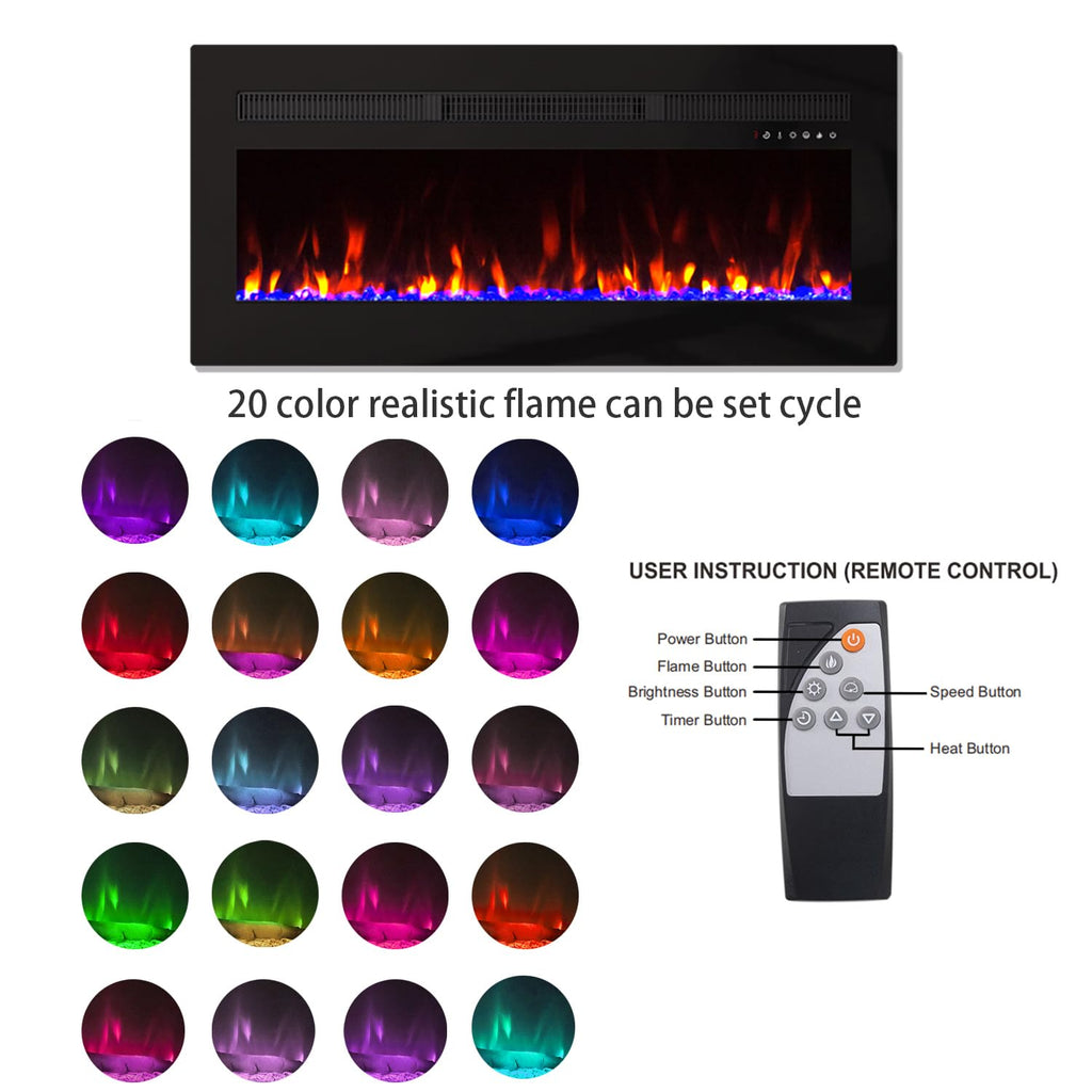 Electric Fireplace Heater Wall Mounted, 50 inch Wide Recessed Electric Fireplace, 1400W, 8H Timer, 20 Color Flame