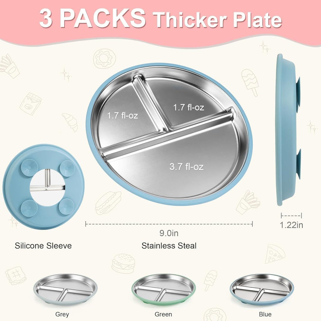 Stainless Steel Toddler Plates Silicone Suction, Non-Slip Baby Plates, Divided Portion, Food-Grade Silicone Plate