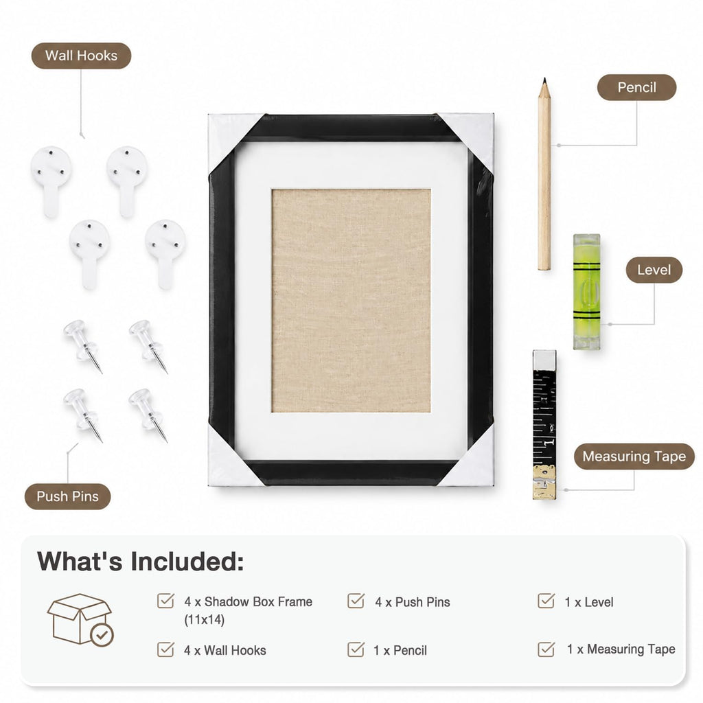 11x14 Shadow Box Picture Frame, 4-Pack Linen Back, with Mat, Black
