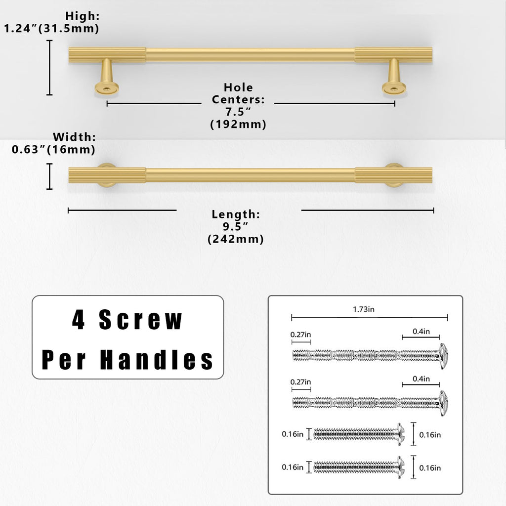 2 Pack Brushed Gold Cabinet Pulls 7.5 Inch(192mm) Kitchen Cabinet Handles Solid Zinc Alloy Cabinet Hardware Drawer
