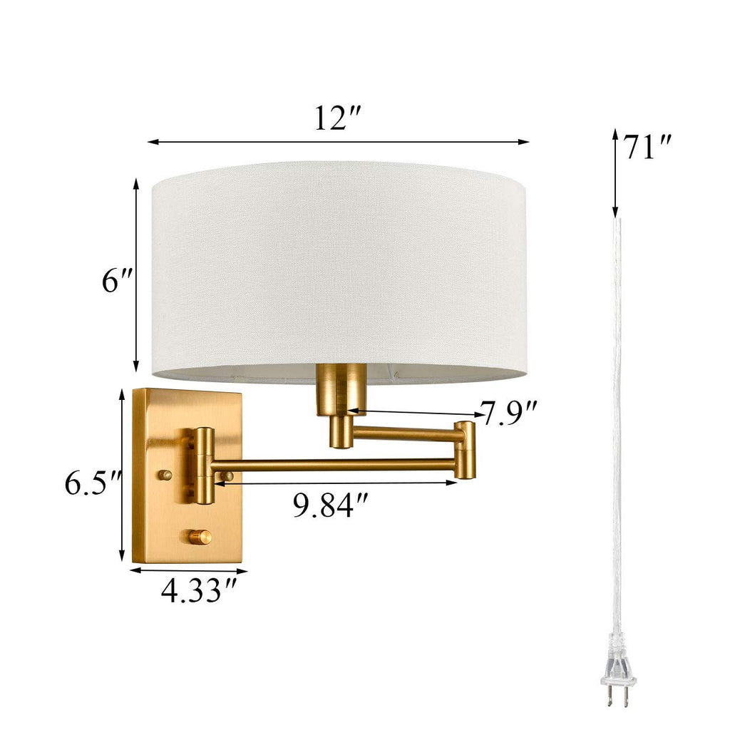 Gold Brass Swing Arm Wall Sconce, Plug in Hardwired Set of 2