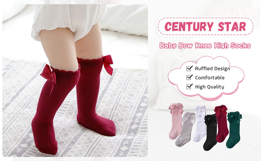 Girls Bow Knee High Socks 06Pcs Black&White&Grey&Pink&Red&Dark Green