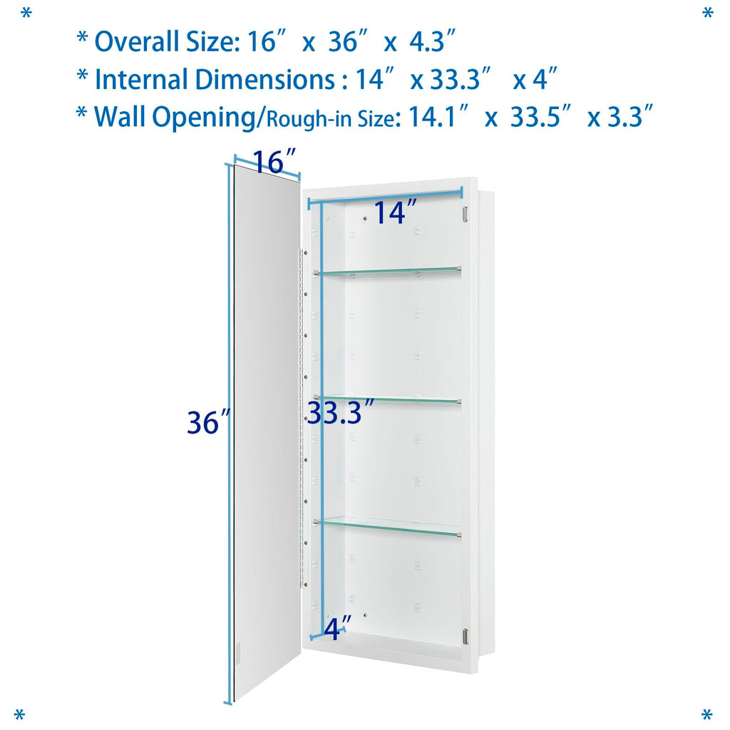 Bathroom Medicine Cabinet with Beveled Edge Mirrored Door 16 x 36 inch, Recessed or Surface Mount, with Adjustable