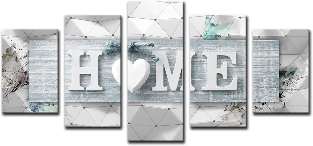 Home Love Wall Art Canvas Blue and White 5 Panels Framed Painting Decoration Modern Still Life Love Stretched Artwork