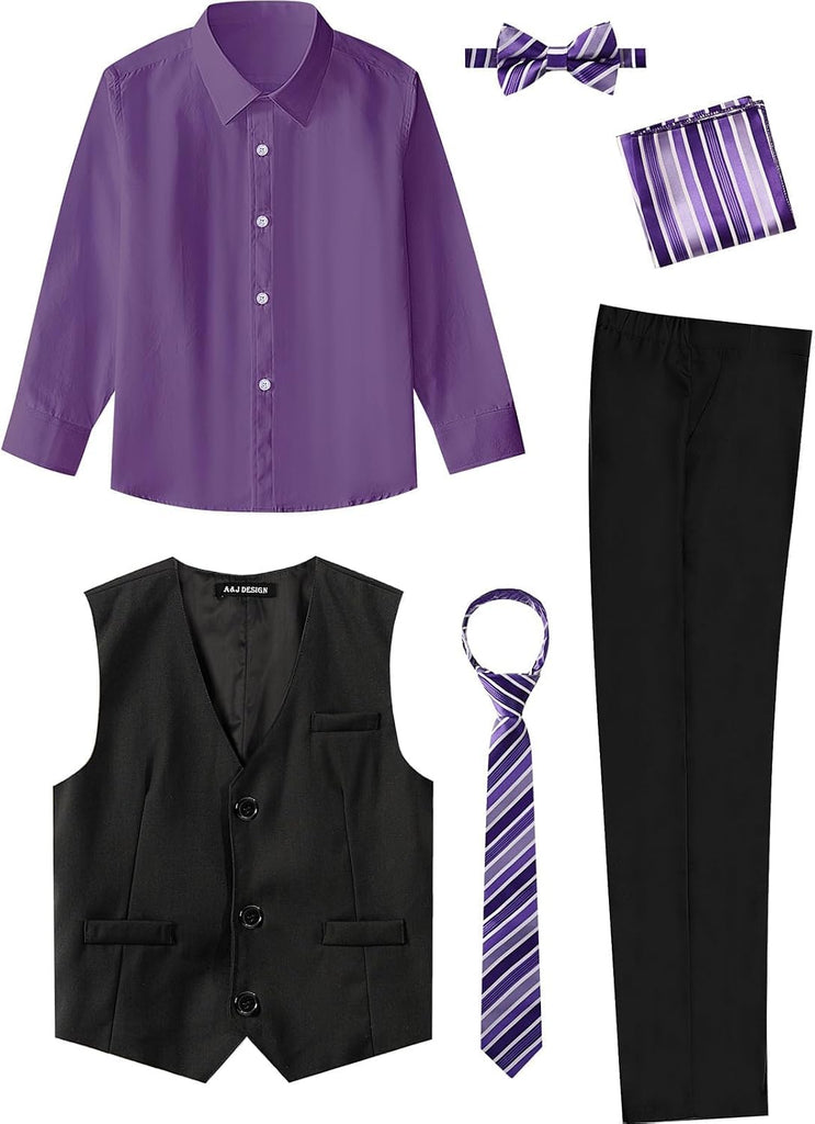 Boys 6 Piece Suit Shirt Vest Pant Pre-Tie Bowtie Pocket Square