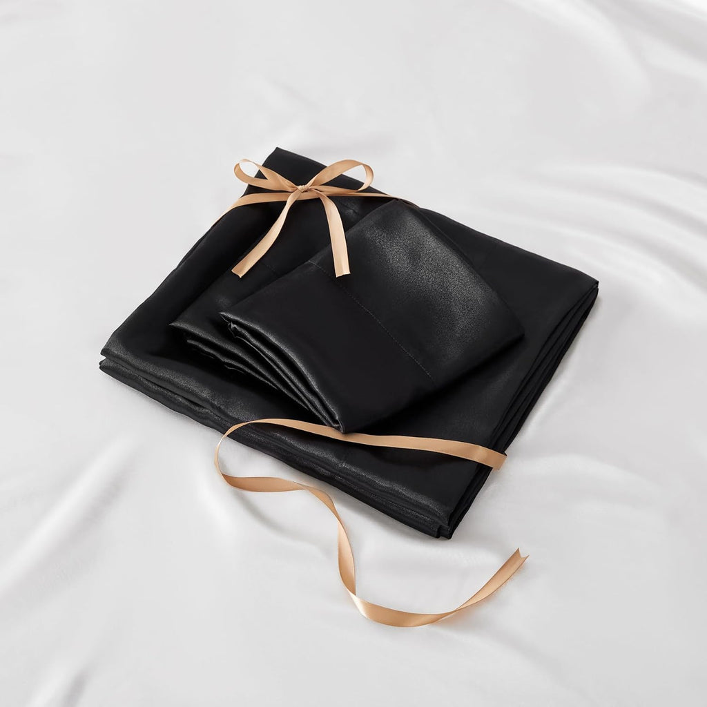 Satin Sheets Queen Bed Set, Luxury Soft Black Silky Sheets for Hair and Skin, Similar to Silk Bed Sheets Set 4 Pieces