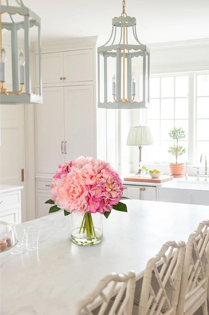 Pink Hydrangea Peonies Artificial Flowers Real Touch Fake Flowers Arrangements in Vase with Faux Water Peony