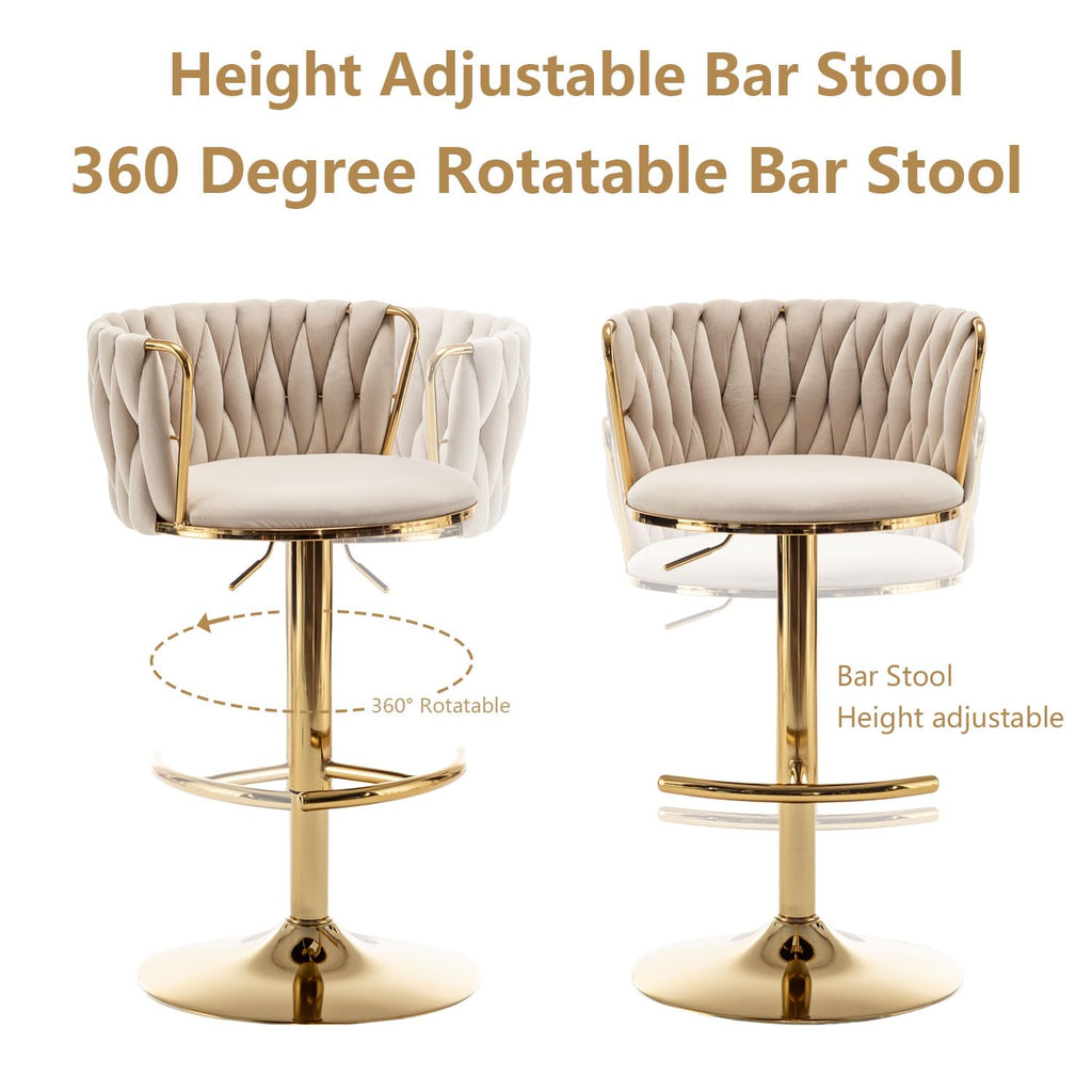 Woven Bar Stools Set of 4, Counter Height Bar Stools with Low Back, Gold Swivel Barstools Island, Bar Pub (Beige)