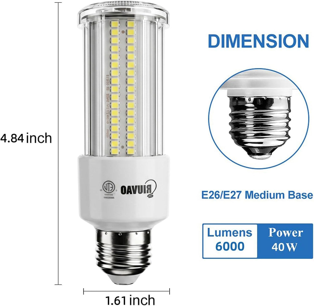 40W LED Corn Bulb, 5500 Lumens Super Bright 320W Equivalent, Daylight White E26/E27 Base Corn Cob Light, Energy